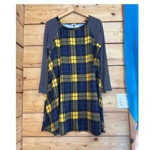 Egy Plaid and Striped Mixed Print Long Sleeve Tunic Dress Yellow Navy XL